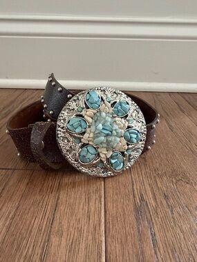 Leatherock Brown Leather Belt with Turquoise and Cream Stone Concho